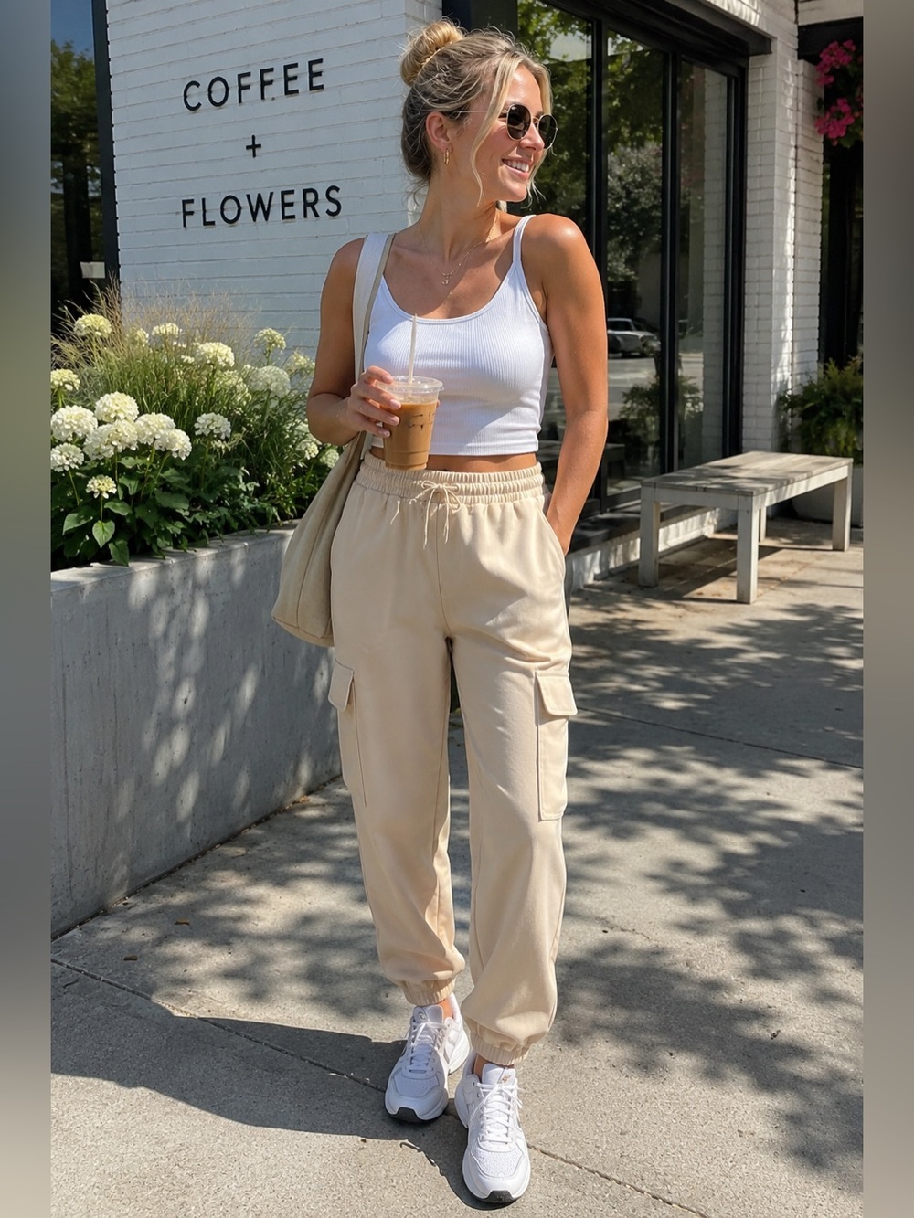 Gemma & Lane Cream Cargo Jogger Pants Size L | Lightweight Travel Athleisure